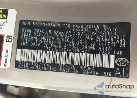 2010 Toyota Corolla Le из США, поврежденный, VIN 2T1BU4EEXAC488423